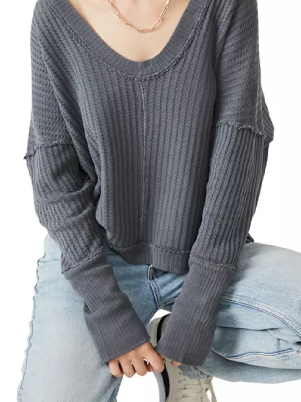 We The Free Gray Magic Thermal Relaxed V Neck Slouchy Long Sleeve Top Size S